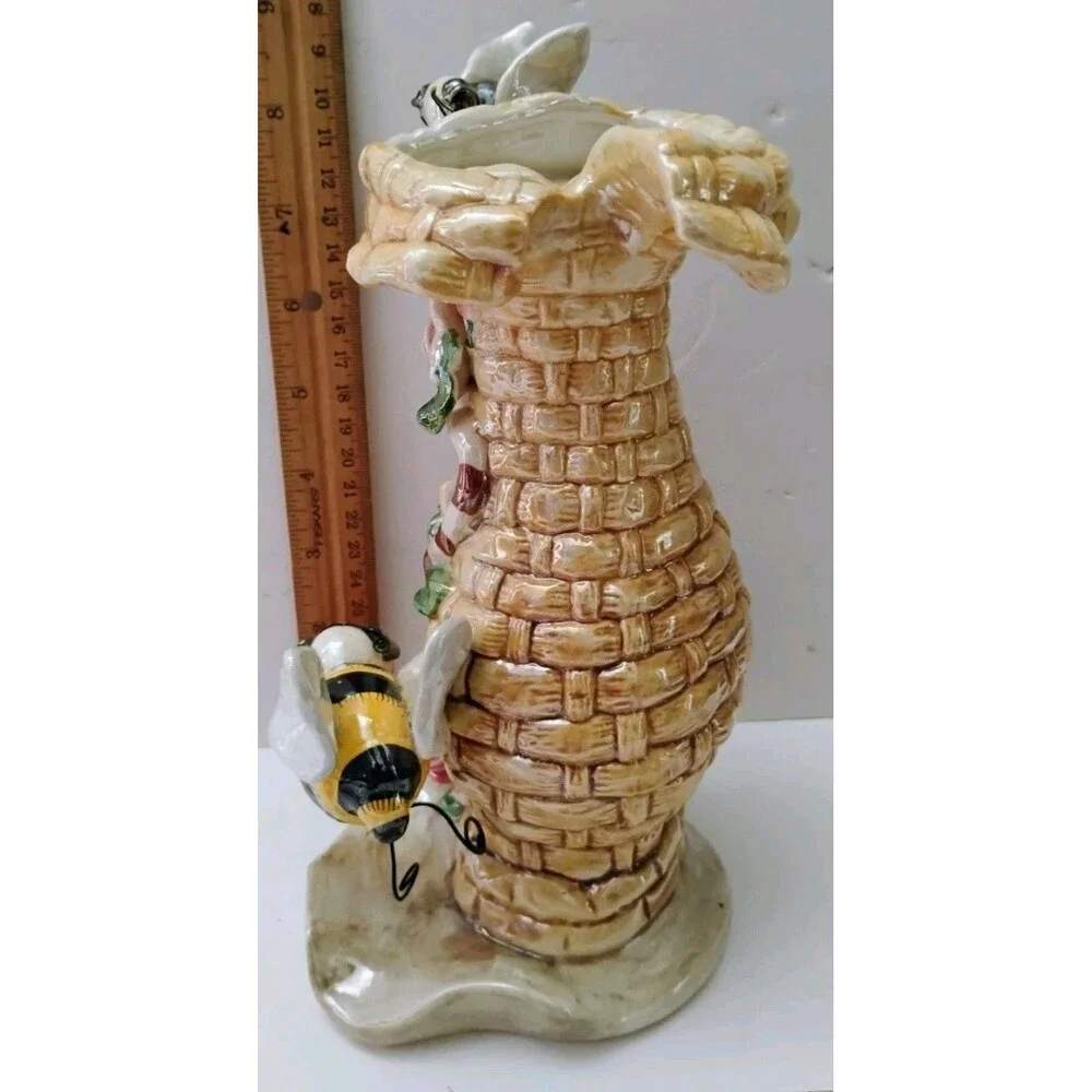 Vintage A.F.D. 2003 Majolica Ceramic Bees Flowers Vase Beehive Lusterware